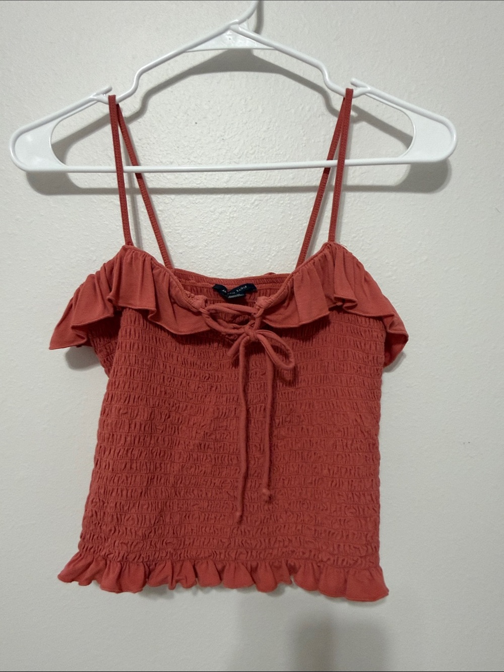 American Eagle Outfitters Rust-Colored Smocked Ruffle Tie Cami